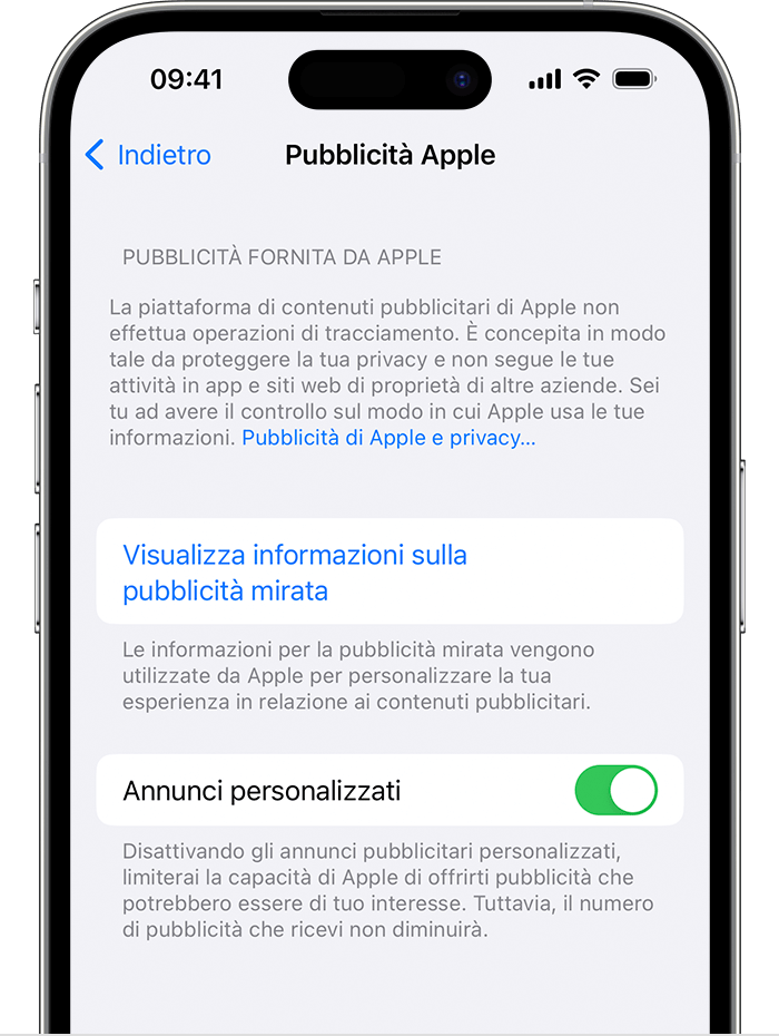 Nelle impostazioni per la pubblicità Apple, disattivare gli annunci personalizzati