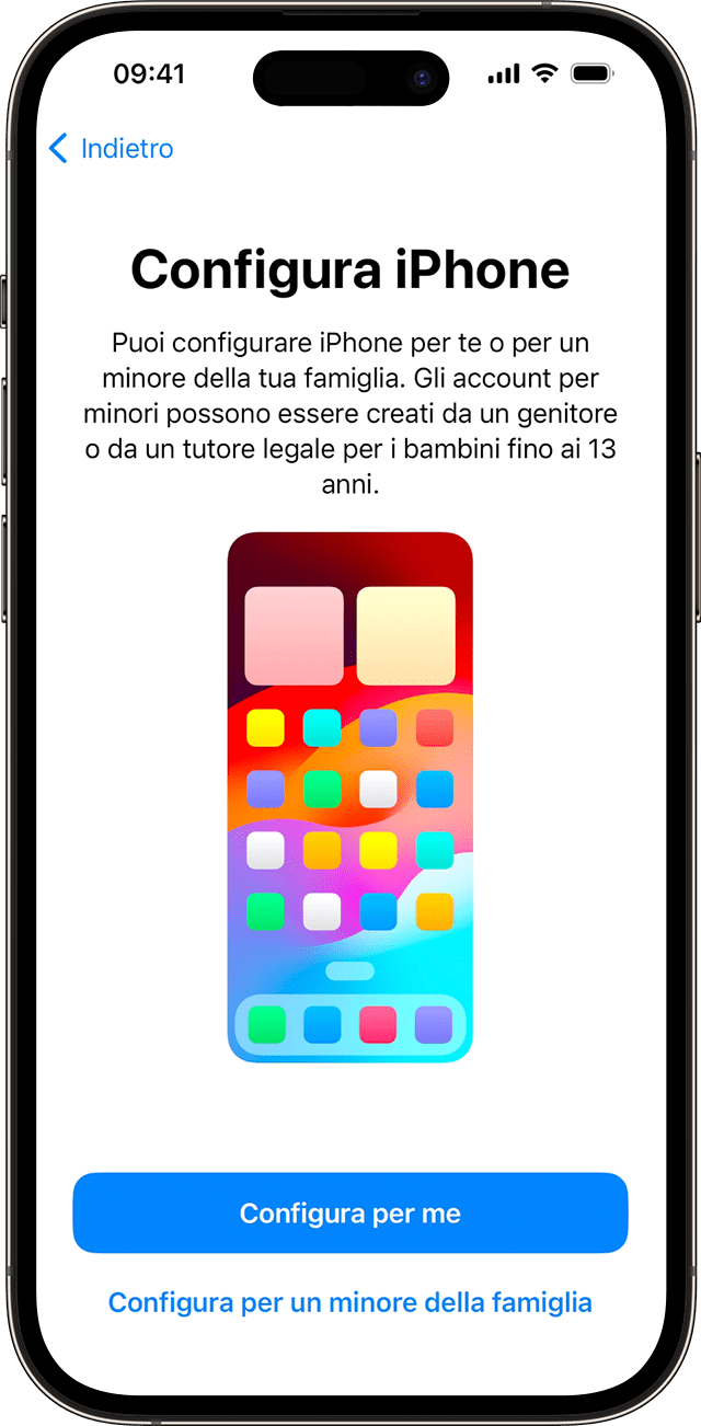 Durante la procedura di configurazione dell'iPhone in iOS 17, puoi scegliere se il nuovo telefono è per te o per un/una minore che fa parte della tua famiglia.