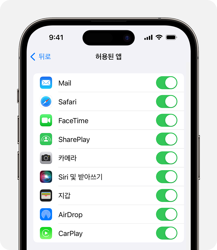 '허용된 앱'을 보여주는 iPhone 화면 