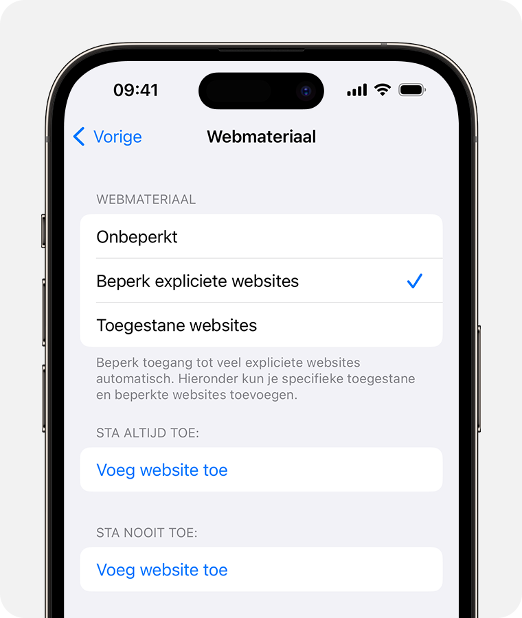 iPhone-scherm met opties voor webmateriaal voor ouderlijk toezicht