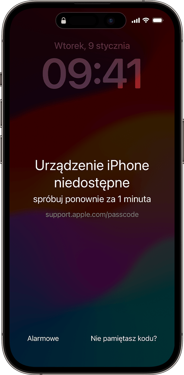 Po wprowadzeniu nieprawidłowego kodu na ekranie iPhone’a pojawi się komunikat „iPhone niedostępny”.