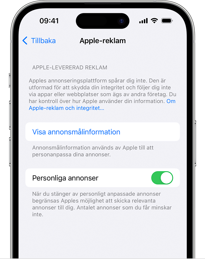 I Inställningarna för Apple-reklam stänger du av Personliga annonser