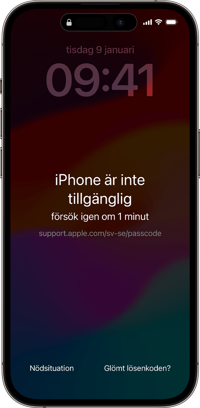 Meddelandet iPhone är inte tillgänglig visas på en iPhone efter att du angett fel lösenkod.