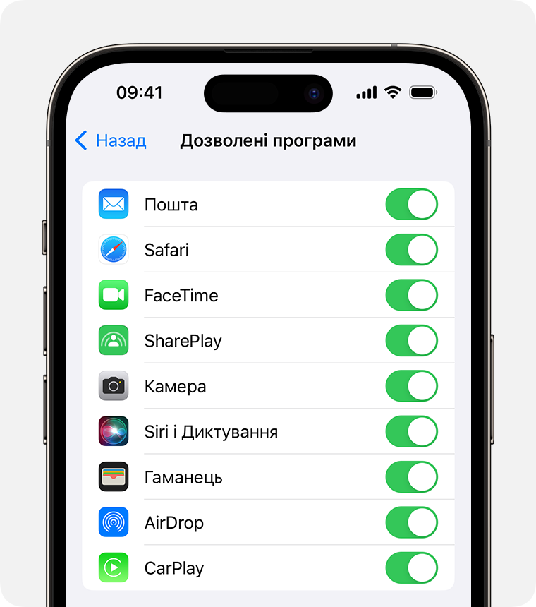 Вікно «Дозволені програми» на екрані iPhone