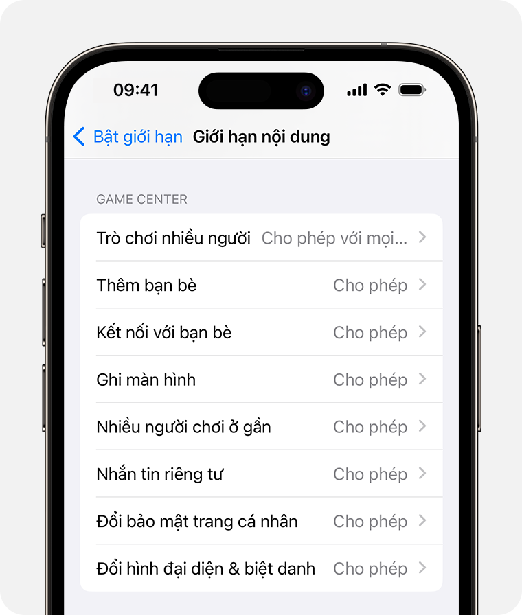 Màn hình iPhone hiển thị các tùy chọn Hạn chế nội dung cho quyền kiểm soát của phụ huynh 