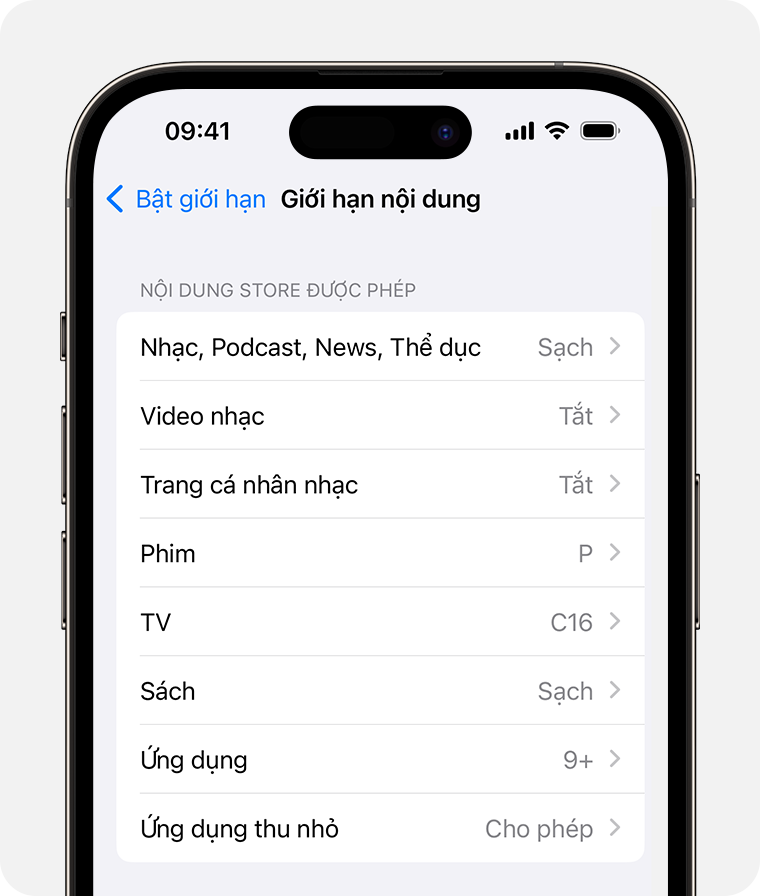 Màn hình iPhone hiển thị các tùy chọn Hạn chế nội dung 