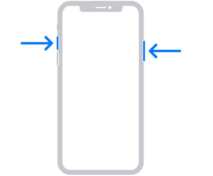 Flèches pointant vers le bouton latéral et le bouton d’augmentation du volume sur un téléphone avec Face ID comme l’iPhone 14