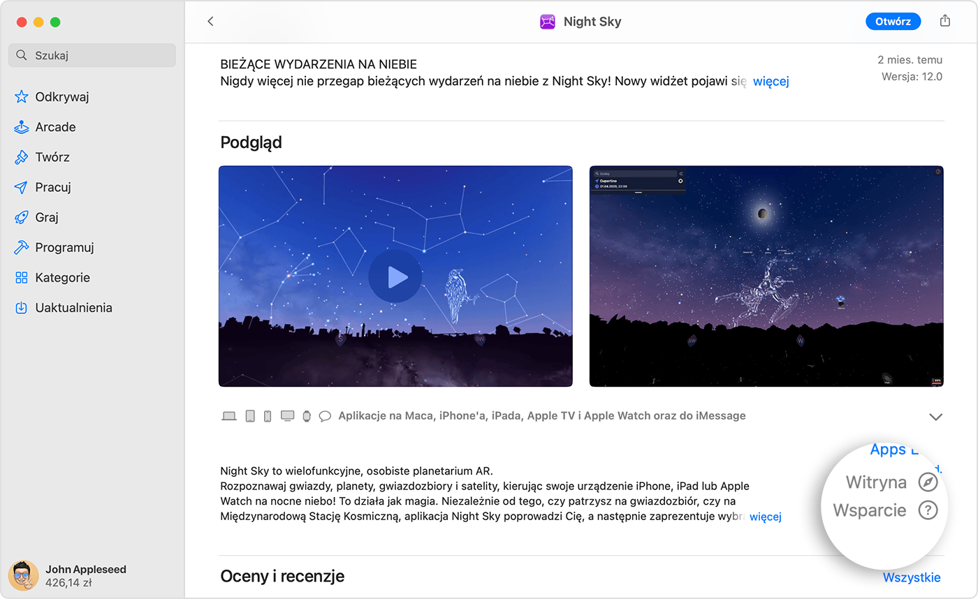 W aplikacji App Store na Macu przycisk Wsparcie lub Wsparcie aplikacji jest dostępny obok ocen i recenzji.