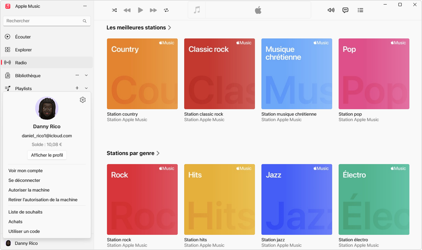 Menu Compte dans Apple Music pour Windows, avec le solde du compte affiché.