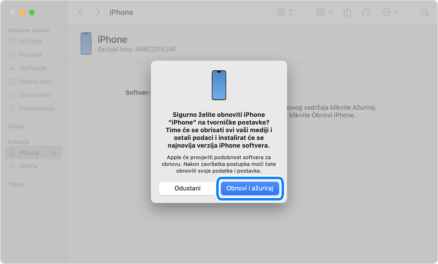 Da biste obnovili i ažurirali svoj iPhone pomoću računala, za potvrdu morate dodirnuti opciju Obnovi i ažuriraj.