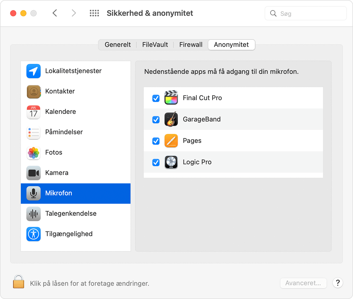 macOS Security & Privacy preferences Privacy tab with Microphone selected