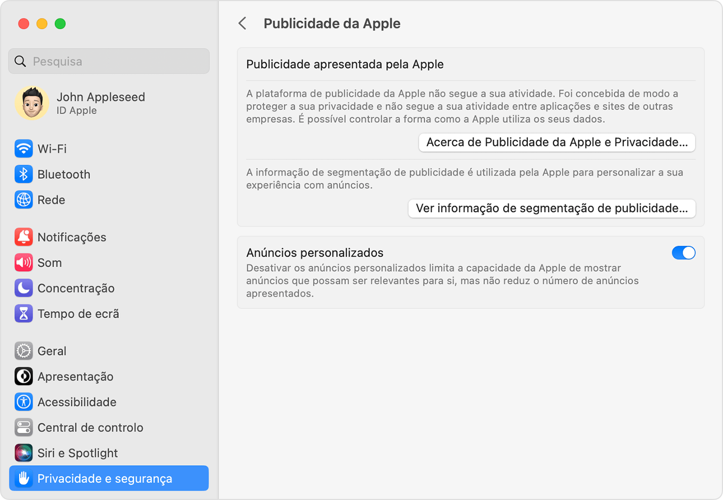 Nas Definições do sistema do macOS, desative os anúncios personalizados