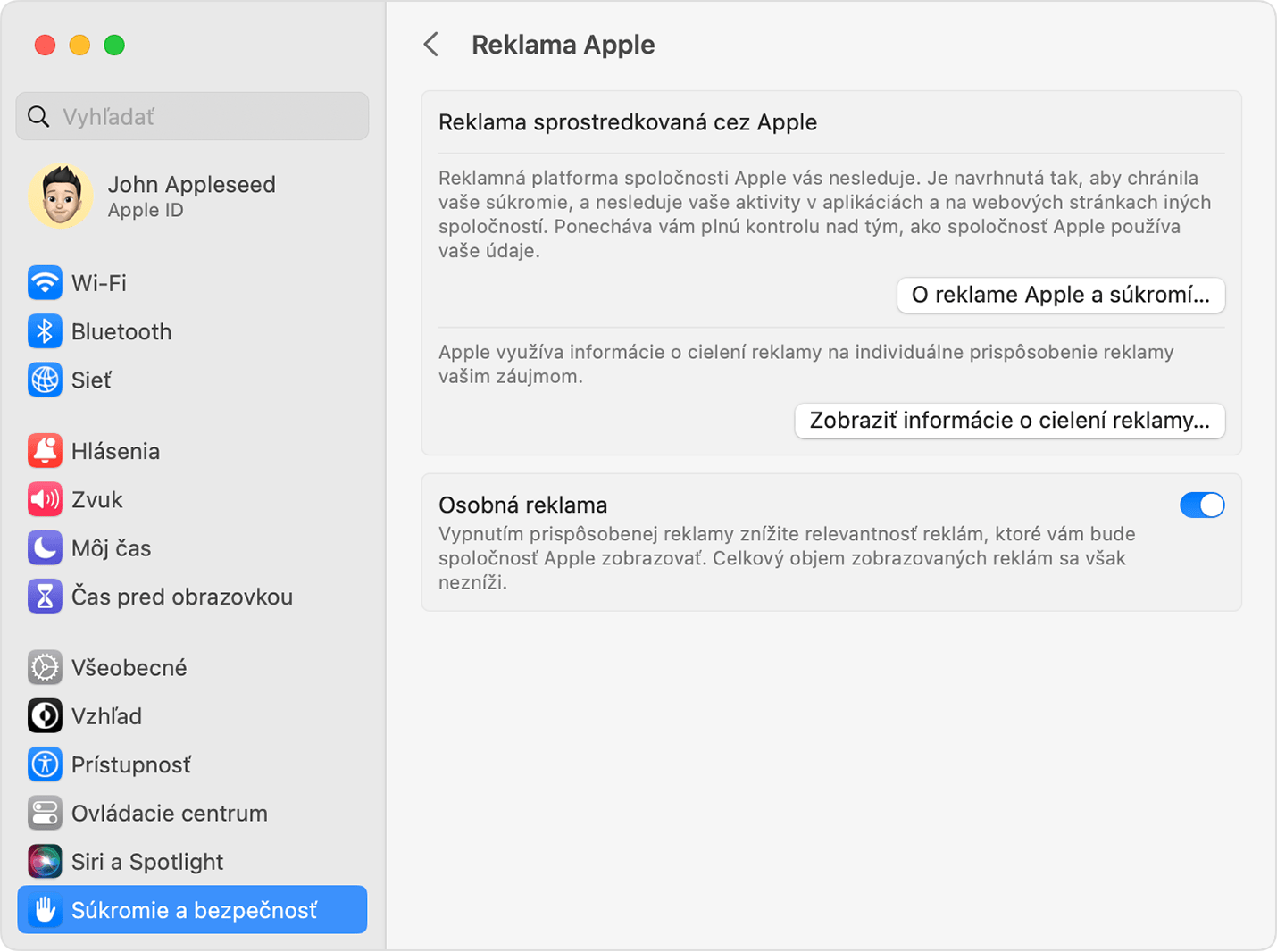 V nastaveniach systému macOS vypnite prispôsobené reklamy