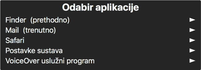 Izbornik aplikacija je prozor koji prikazuje aplikacije koje su trenutno otvorene. S desne strane svake stavke u popisu nalazi se strelica.