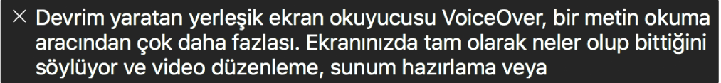 Altyazı paneli, VoiceOver’ın o anda ne seslendirdiğini gösterir.