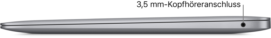 Ansicht der rechten MacBook Pro-Seite mit Beschriftungen der zwei Thunderbolt 3-Anschlüsse (USB-C) sowie des 3,5-mm-Kopfhöreranschlusses