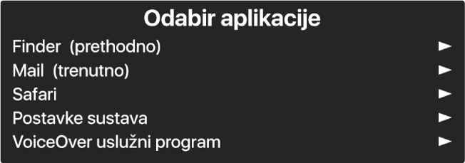 Izbornik aplikacija je prozor koji prikazuje aplikacije koje su trenutno otvorene. S desne strane svake stavke u popisu nalazi se strelica.