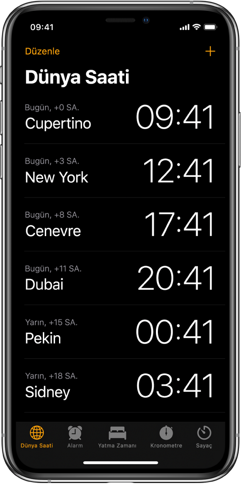 Dünya Saati sekmesi, farklı şehirlerdeki saati gösterir. Saatleri düzenlemek için sol üstteki Düzenle’ye dokunun. Daha fazla şehir eklemek için sağ üstteki Ekle düğmesine dokunun. Alarm, Yatma Zamanı, Kronometre ve Sayaç alt kısımdadır.