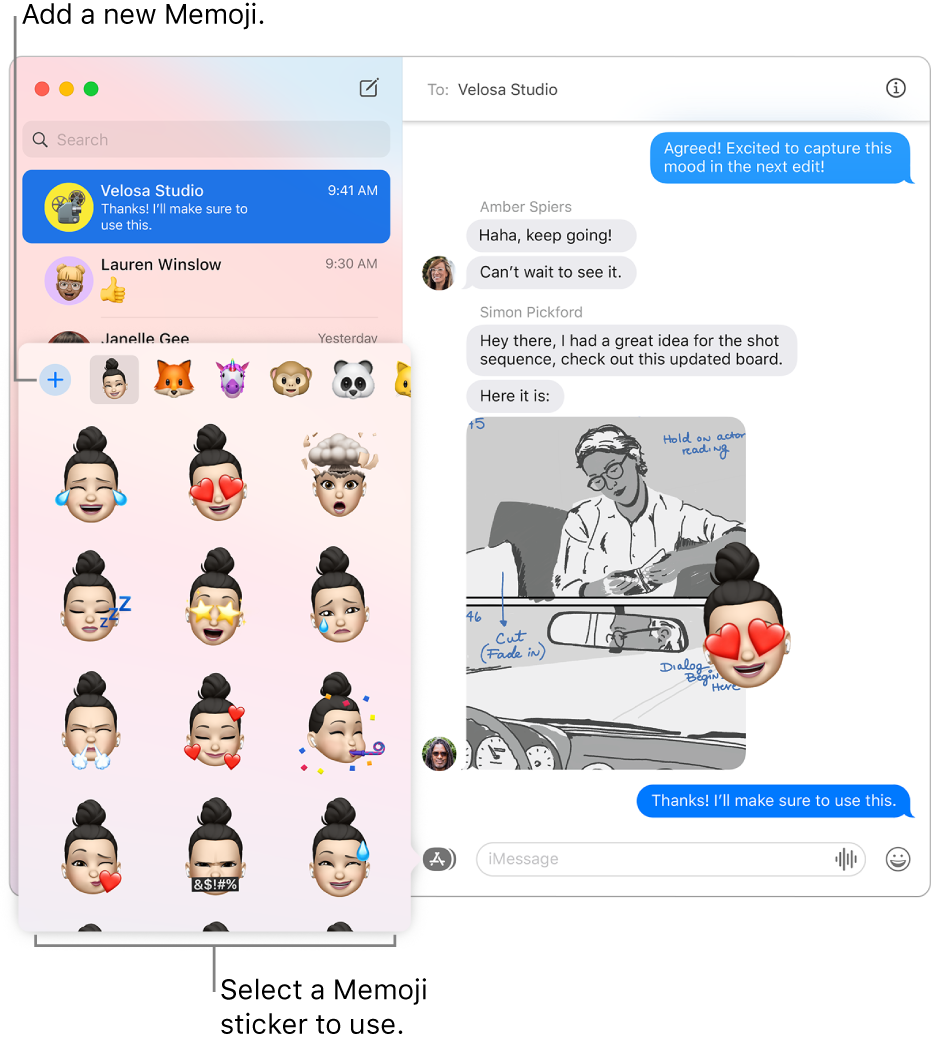 The Messages window with several conversations listed in the sidebar at the left, and a conversation showing at the right. When choosing Memoji Stickers from the Apps button, you can select a Memoji sticker to use or create a new Memoji.