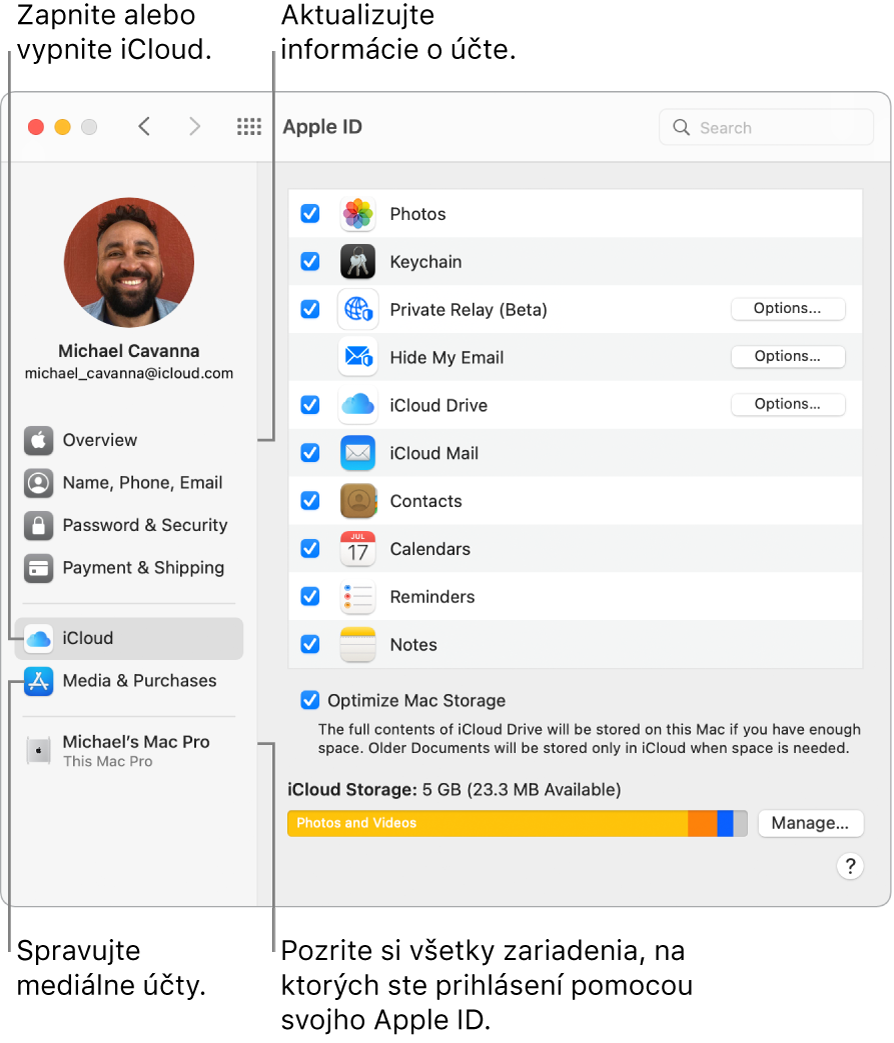 Panel Apple ID v Systémových nastaveniach. Po kliknutí na rôzne položky v postrannom paneli môžete aktualizovať údaje o svojom účte, zapnúť alebo vypnúť iCloud, spravovať mediálne účty alebo zobraziť všetky zariadenia prihlásené pod vaším Apple ID.