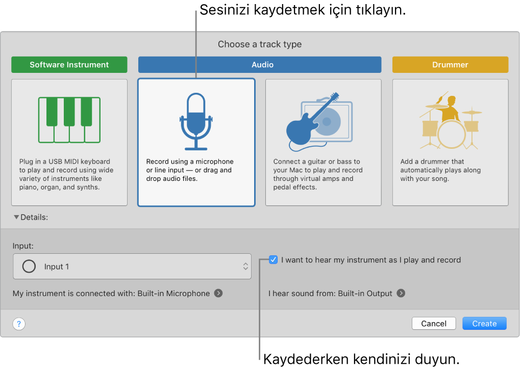 Ses kaydı yapmak için tıklanacak yeri ve kayıt yaparken kendinizi nasıl duyacağınızı gösteren GarageBand müzik aleti paneli.