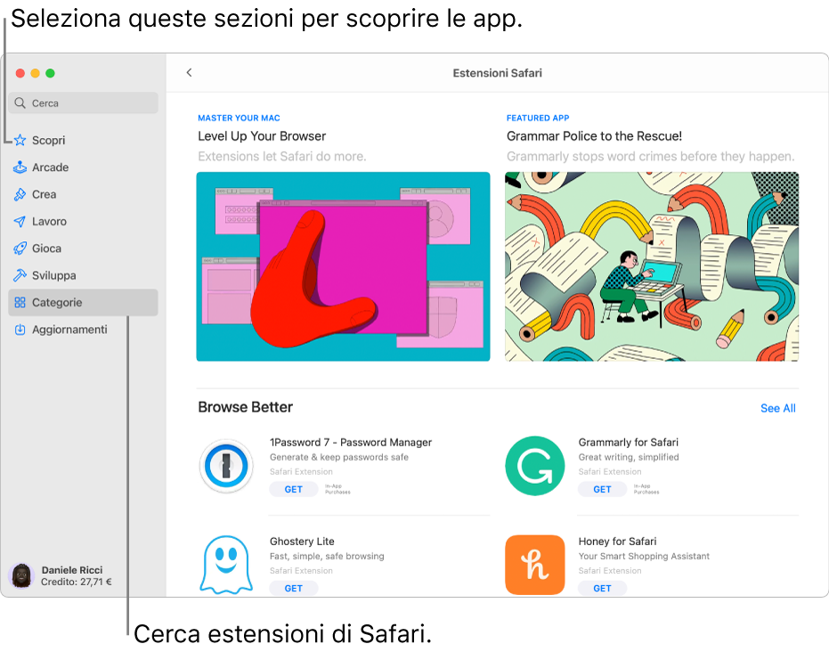 La pagina di App Store sul Mac delle estensioni di Safari. La barra laterale a sinistra presenta link ad altre sezioni, come Scopri, Arcade, Crea, Lavoro, Giochi, Per sviluppatori, Categorie e Aggiornamenti. A destra, si trovano le estensioni di Safari disponibili.