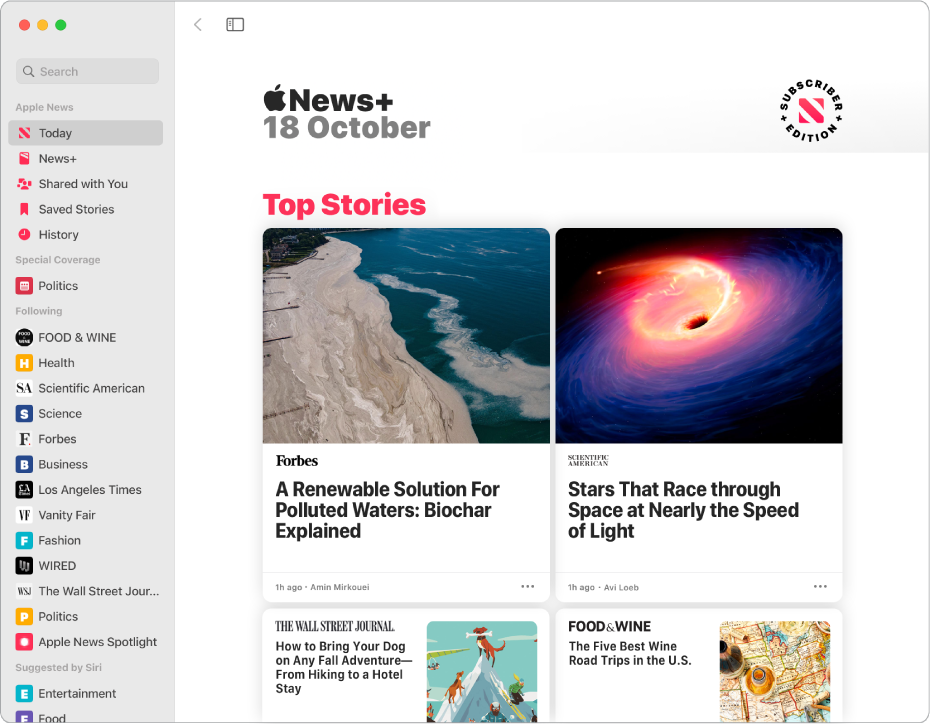 The Apple News window with the sidebar on the left and Top Stories on the right.