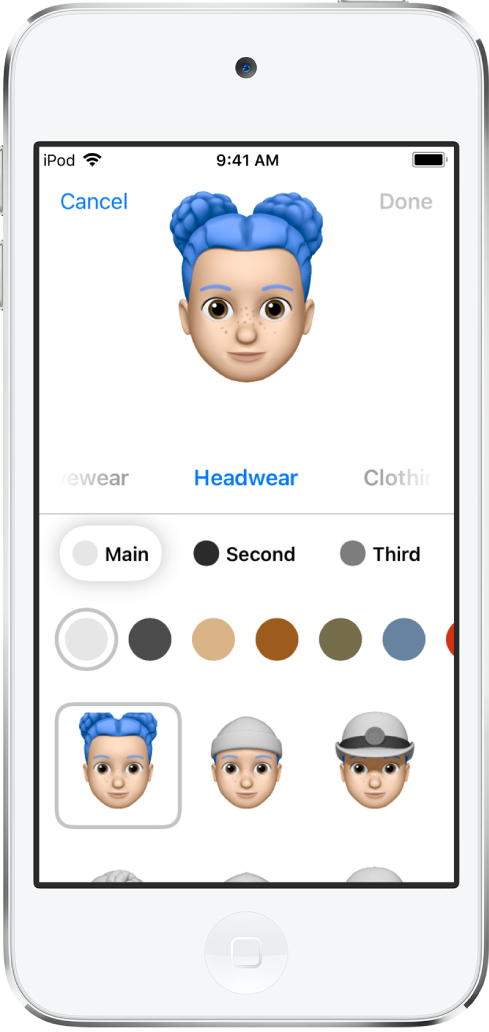 Pantalla para crear un Memoji, con el personaje que se está creando en la parte superior, las características para personalizarlo debajo del personaje y las opciones de la característica seleccionada en la parte inferior. El botón OK está en la parte superior derecha, mientras que en la parte superior izquierda se encuentra el botón Cancelar.