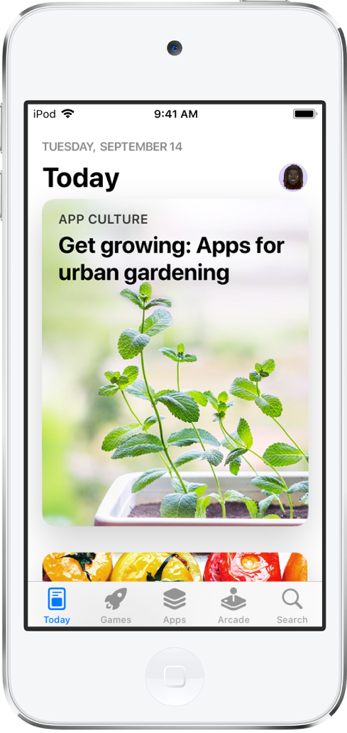 Pantalla Hoy de App Store con una app y un artículo destacado. Tu foto de perfil está en la parte superior derecha. A lo largo del borde inferior, de izquierda a derecha, se muestran las pestañas Hoy, Juegos, Apps, Arcade y Buscar.