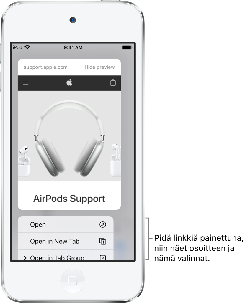 Kohdeosoitteen esikatselu ja luettelo mahdollisista toiminnoista: Avaa, Avaa uudella välilehdellä ja Avaa välilehtiryhmässä.