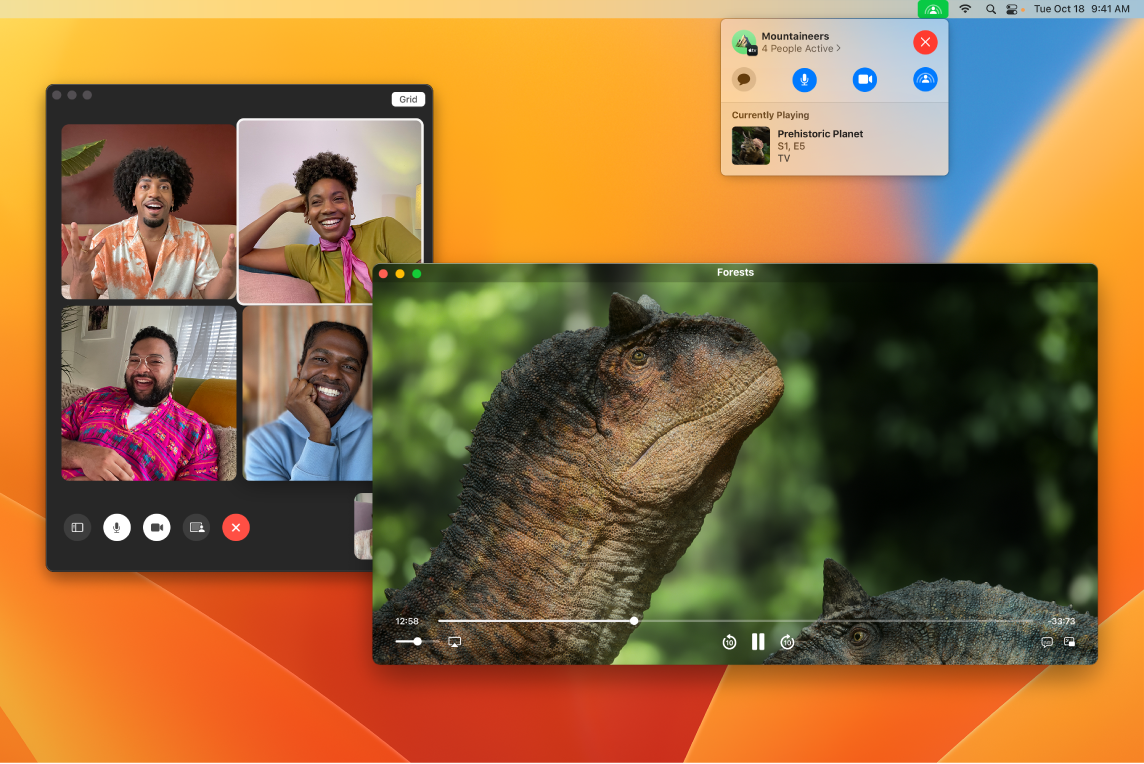 一場共同觀賞派對，正在 Apple TV App 視窗中播放《史前地球》，而觀看者在 FaceTime 視窗中。