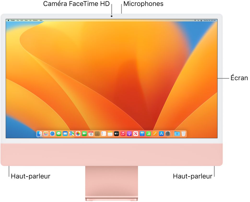 Vue frontale de l’iMac avec l’écran, la caméra, les microphones et les haut-parleurs.