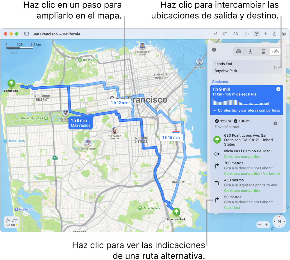 Un mapa de San Francisco con indicaciones para ir en bici, entre las que se incluyen el desnivel y el tráfico.