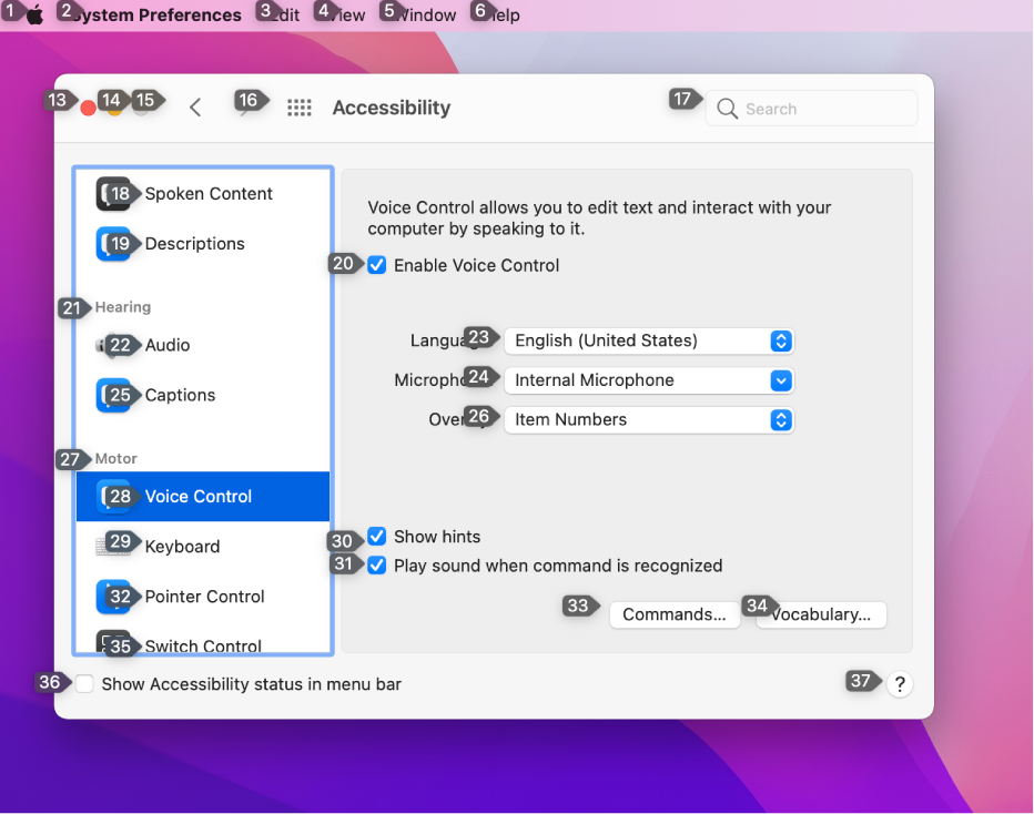 The left portion of the menu bar showing a number next to each item in the menu bar. Below is the Voice Control pane of Accessibility preferences showing a number next to each UI control.