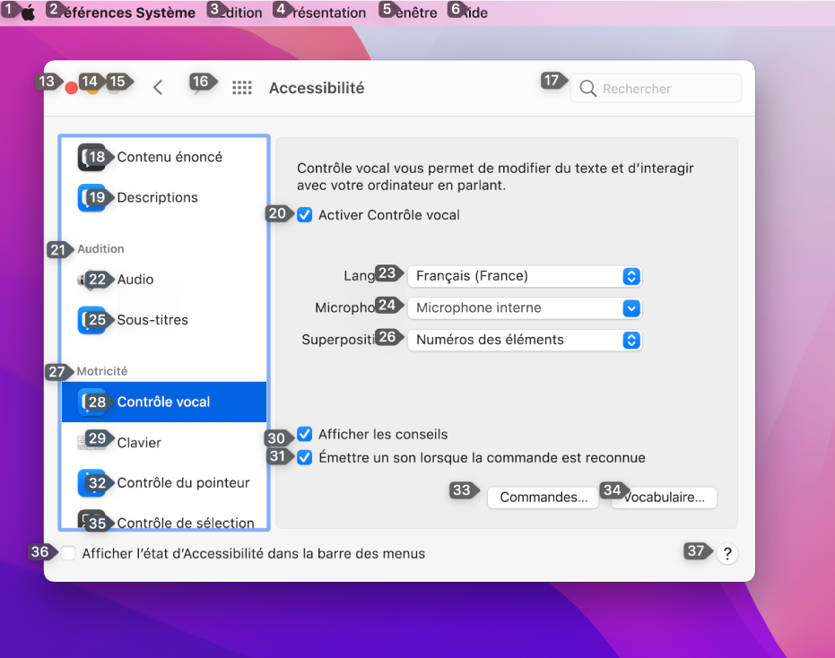 La partie gauche de la barre des menus affichant un numéro en regard de chaque élément dans la barre des menus. Voici la sous-fenêtre « Contrôle vocal » des préférences Accessibilité affichant un numéro en regard de chaque commande d’IU.