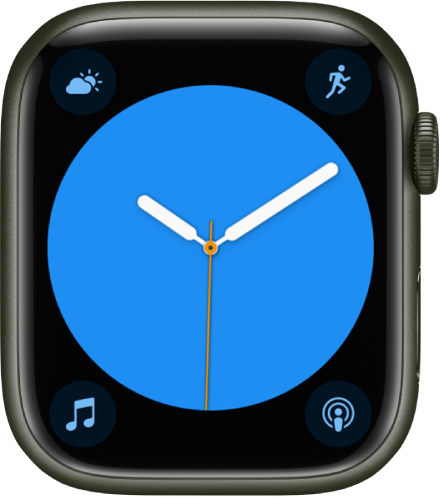 واجهة ساعة ملونة، حيث يمكنك ضبط لون واجهة الساعة. تعرض أربعة إضافات: حالات الطقس في أعلى اليمين، والتمرين في أعلى اليسار، والموسيقى في أسفل اليمين، والبودكاست في أسفل اليسار.