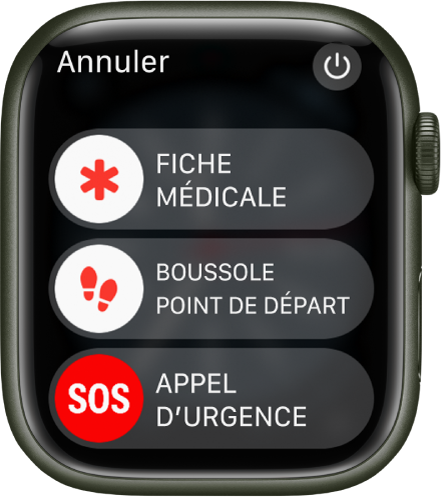 L’écran de l’Apple Watch affiche trois curseurs : « Fiche médicale », « Point de départ avec Boussole » et « Appel d’urgence ». Le bouton Alimentation se trouve en haut à droite.