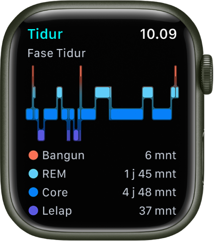 App Tidur menunjukkan perkiraan waktu yang dihabiskan untuk bangun dan dalam tidur REM, Inti, dan Lelap.