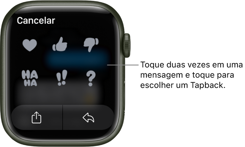 Uma conversa do Mensagens com opções de Tapback: coração, sinal de positivo, sinal de negativo, Ha Ha, !! e ?. O botão Responder encontra-se abaixo.