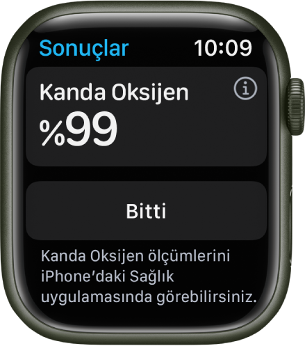 Kanda oksijen doygunluğunu yüzde 99’un üzerinde gösteren Kanda Oksijen sonuç ekranı. Bitti düğmesi alt tarafta.