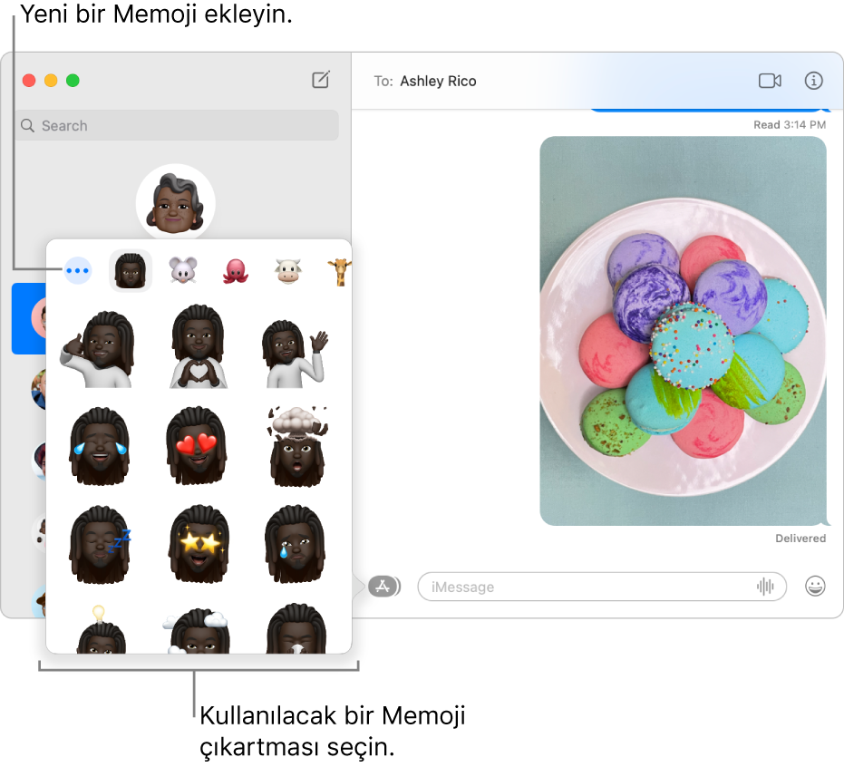 Soldaki kenar çubuğunda çeşitli yazışmaların listelendiği Mesajlar penceresi ve sağda görüntülenen bir sohbet dökümü. Uygulamalar düğmesinden Memoji Çıkartmaları’nı seçtiğinizde kullanılacak bir Memoji çıkartması seçebilir veya yeni bir Memoji yaratabilirsiniz.