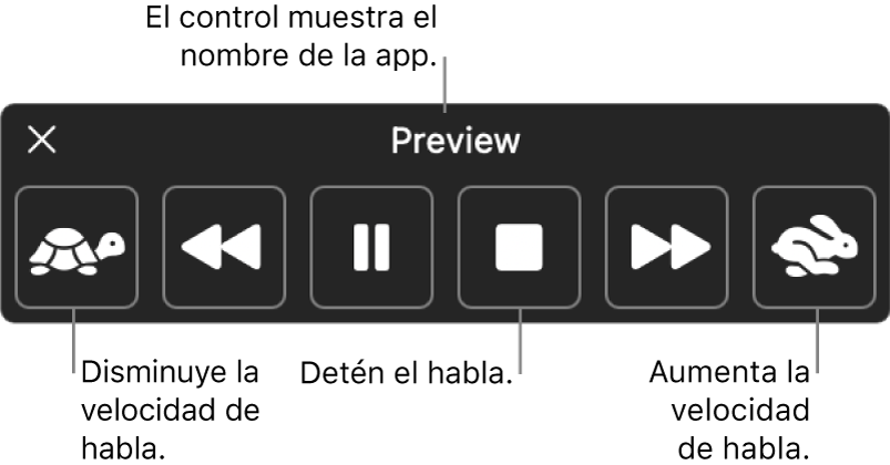 El controlador en pantalla que se puede mostrar cuando tu Mac lee en voz alta el texto seleccionado. El controlador brinda seis botones, los cuales, de izquierda a derecha, te permiten reducir la velocidad del habla, regresar un enunciado, reproducir o pausar el habla, detener el habla, adelantar un enunciado y aumentar la velocidad del habla. El nombre de la app se muestra en la parte superior del controlador.