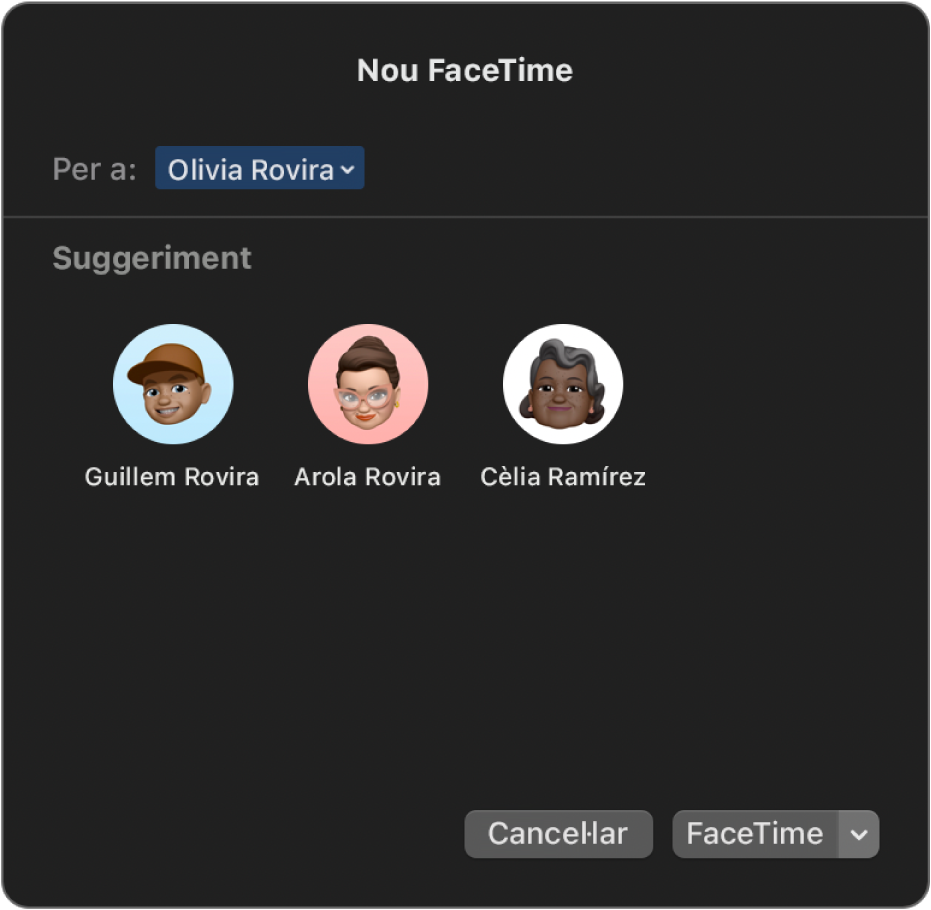Finestra “Nou FaceTime”: introdueix les persones que truquen directament al camp “Per a” selecciona-les a Suggerits.