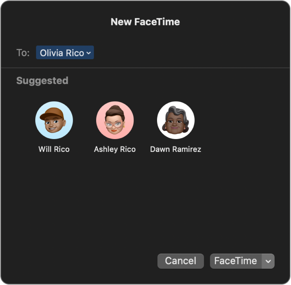 The New FaceTime window—enter callers directly into the To field or choose them from Suggested.