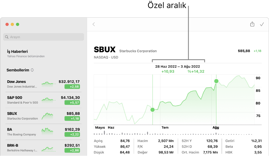 Özel bir aralık için grafik verilerinin gösterildiği bir grafik.