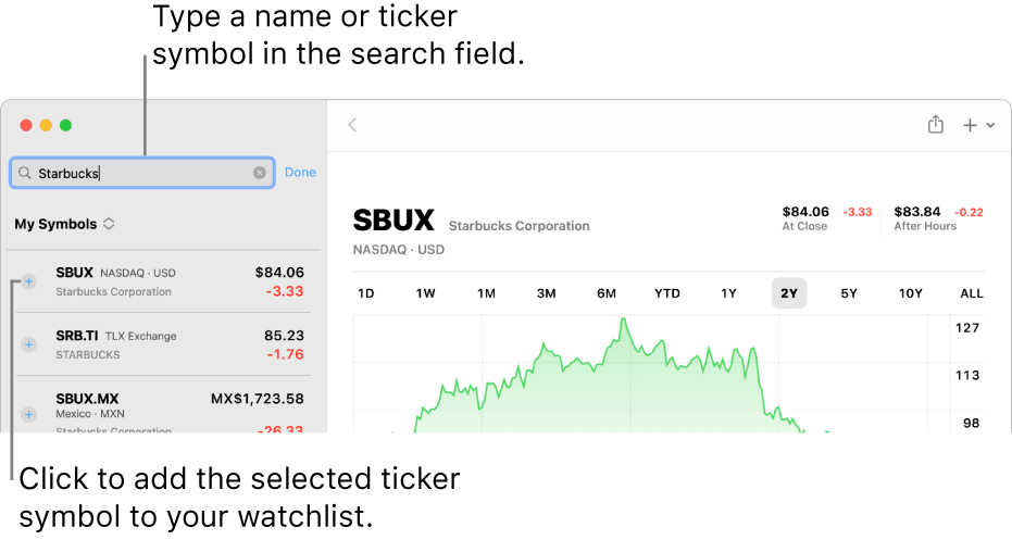 A Stocks window showing the search field, a list of search results and the Add to Watchlist button.