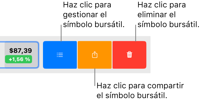 Los botones Gestionar, Compartir y Eliminar que aparecen cuando seleccionas un símbolo de empresa en la lista de valores favoritos y deslizas hacia la izquierda.