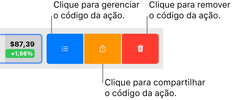 Os botões Gerenciar, Compartilhar e Remover, que aparecem quando você seleciona um símbolo de código na lista de ações e passa o dedo à esquerda.