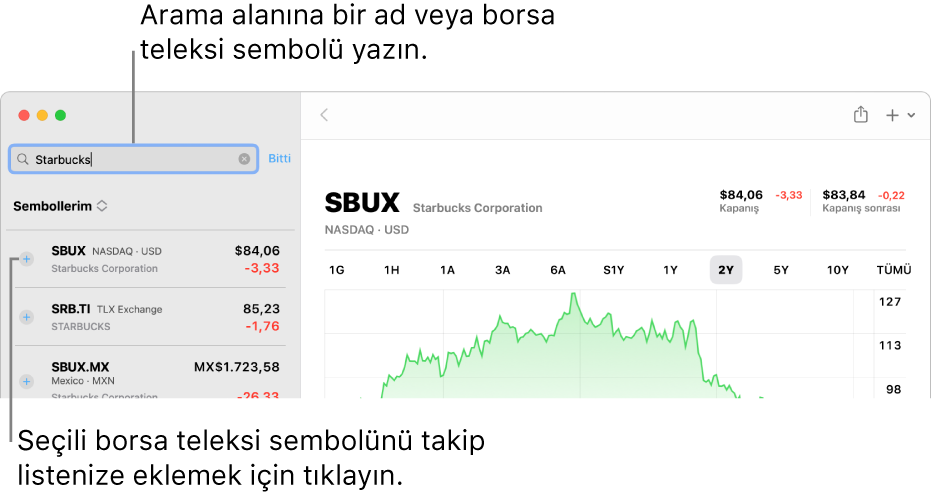 Arama alanını, arama sonuçları listesini ve Takip Listesi’ne Ekle düğmesini gösteren Borsa penceresi.