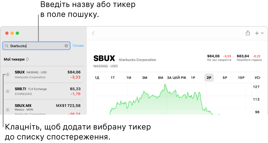 Вікно програми «Біржі» з полем пошуку, списком результатів пошуку і кнопкою «Додати до списку стеження».